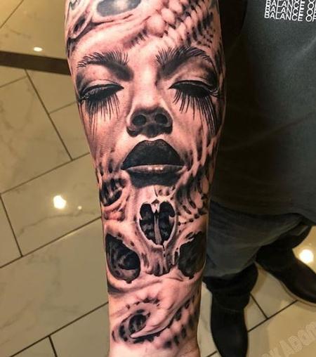 Tattoos - Black and Grey Bio Organic Woman Portrait with Skull Tattoo - 137418